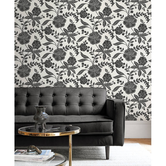 NextWall Peel &amp; Stick Julian Jacobean Floral Ebony &amp; Ivory Wallpaper image 2 of 5