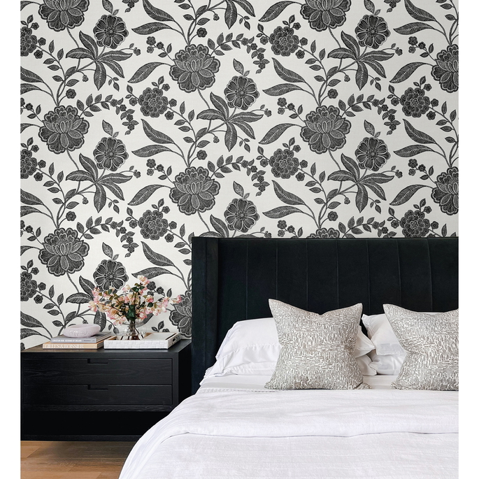 NextWall Peel &amp; Stick Julian Jacobean Floral Ebony &amp; Ivory Wallpaper image 3 of 5