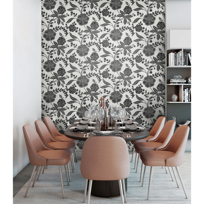 NextWall Peel &amp; Stick Julian Jacobean Floral Ebony &amp; Ivory Wallpaper image 4 of 5