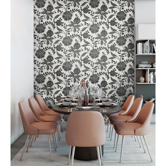 NextWall Peel &amp; Stick Julian Jacobean Floral Ebony &amp; Ivory Wallpaper image 4 of 5
