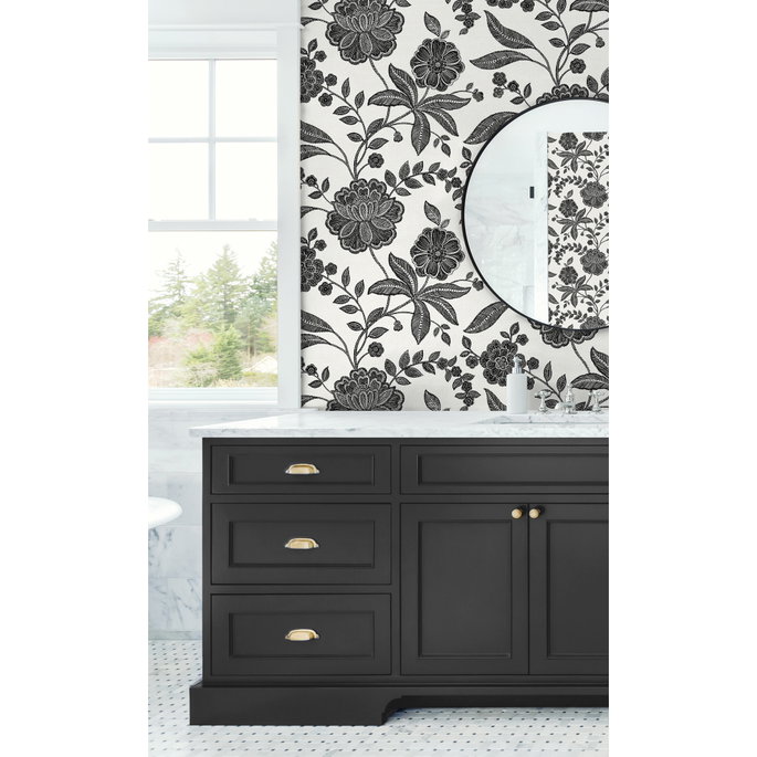 NextWall Peel &amp; Stick Julian Jacobean Floral Ebony &amp; Ivory Wallpaper image 5 of 5