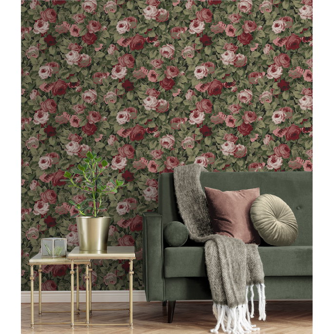 NextWall Peel &amp; Stick Rose Garden Garnet &amp; Basil Wallpaper image 2 of 5