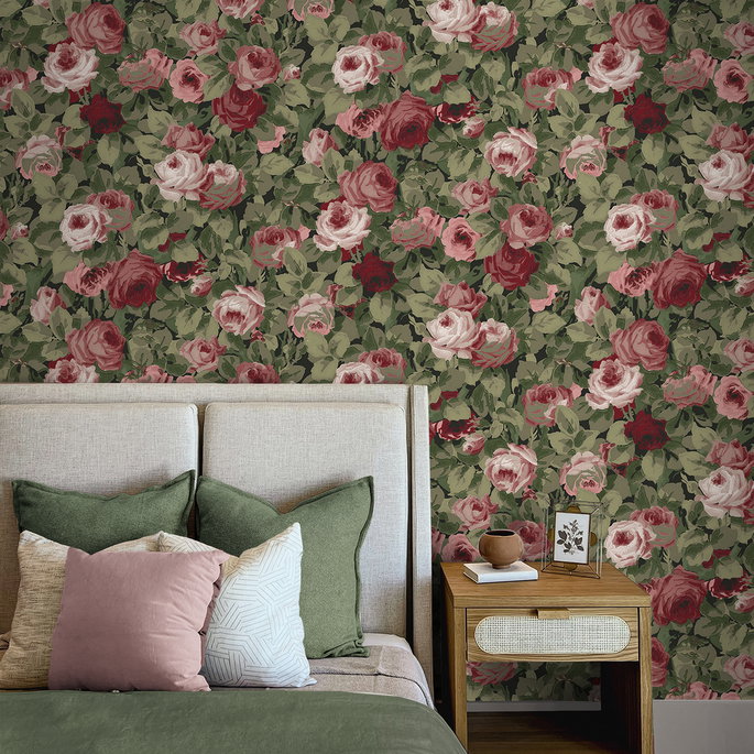 NextWall Peel &amp; Stick Rose Garden Garnet &amp; Basil Wallpaper image 3 of 5