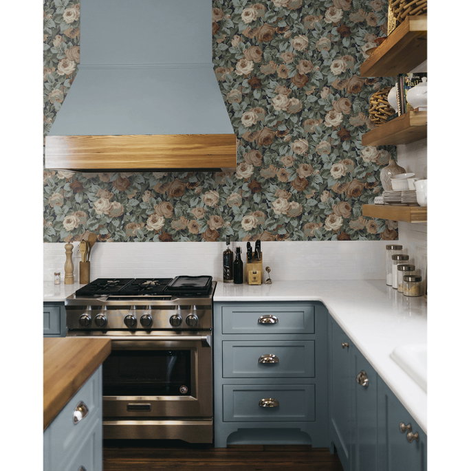 NextWall Peel &amp; Stick Rose Garden Midnight Blue &amp; Cafe Wallpaper image 5 of 5