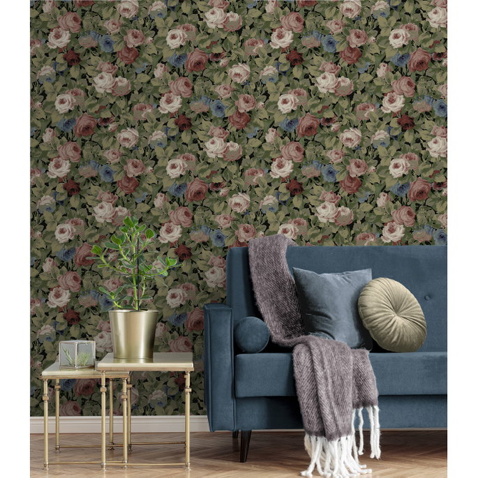 NextWall Peel &amp; Stick Rose Garden Olive &amp; Wine Wallpaper image 2 of 5