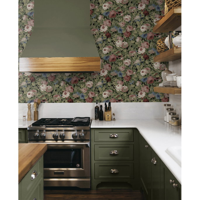 NextWall Peel &amp; Stick Rose Garden Olive &amp; Wine Wallpaper image 5 of 5