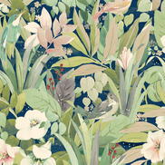 NextWall Peel & Stick Blossoming Birds Fern & Denim Blue Wallpaper
