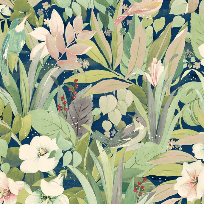 NextWall Peel &amp; Stick Blossoming Birds Fern &amp; Denim Blue Wallpaper image 1 of 5