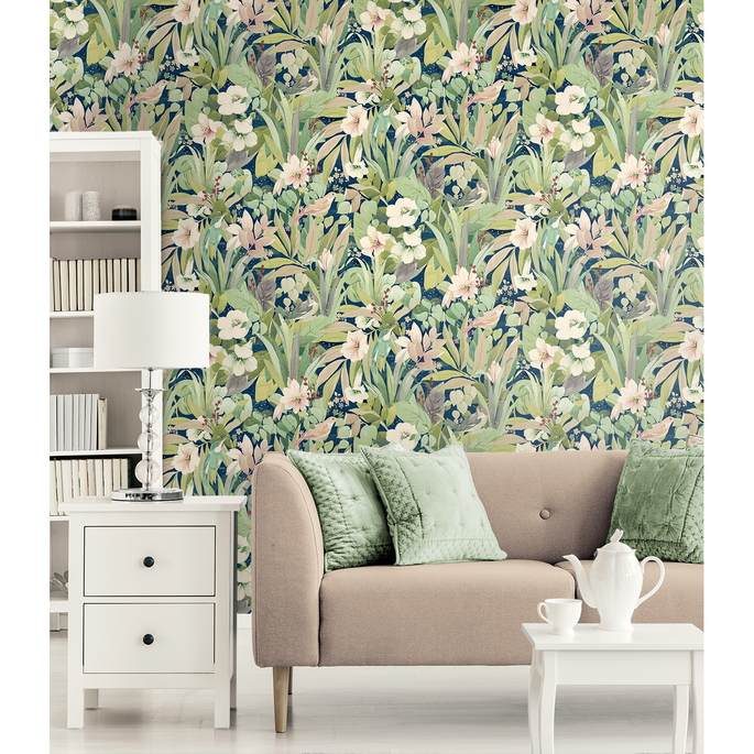 NextWall Peel &amp; Stick Blossoming Birds Fern &amp; Denim Blue Wallpaper image 2 of 5