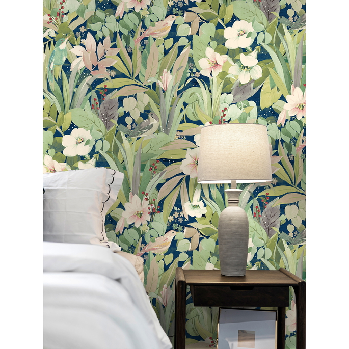 NextWall Peel &amp; Stick Blossoming Birds Fern &amp; Denim Blue Wallpaper image 3 of 5