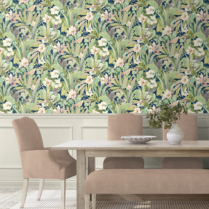 NextWall Peel &amp; Stick Blossoming Birds Fern &amp; Denim Blue Wallpaper image 4 of 5