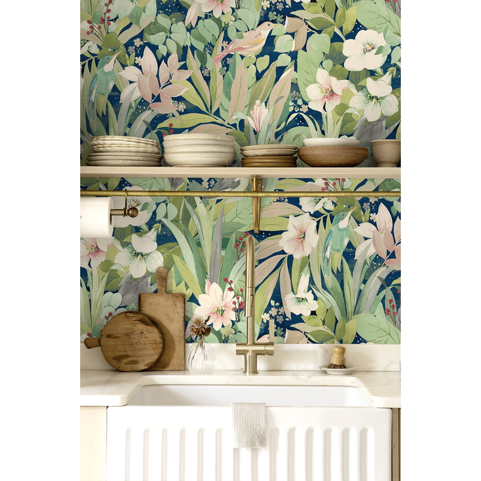 NextWall Peel &amp; Stick Blossoming Birds Fern &amp; Denim Blue Wallpaper image 5 of 5