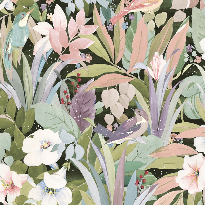 NextWall Peel &amp; Stick Blossoming Birds Forest &amp; Petal Pink Wallpaper image 1 of 5