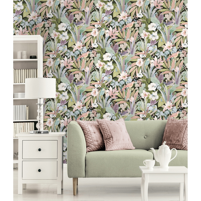 NextWall Peel &amp; Stick Blossoming Birds Forest &amp; Petal Pink Wallpaper image 2 of 5
