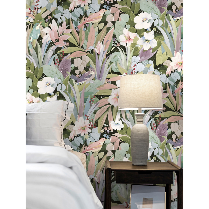 NextWall Peel &amp; Stick Blossoming Birds Forest &amp; Petal Pink Wallpaper image 3 of 5
