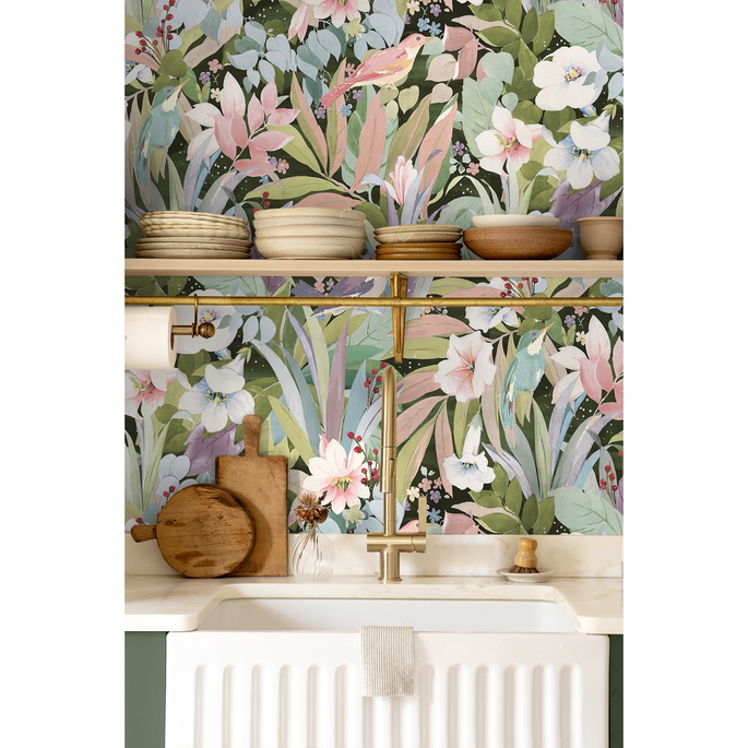 NextWall Peel &amp; Stick Blossoming Birds Forest &amp; Petal Pink Wallpaper image 5 of 5