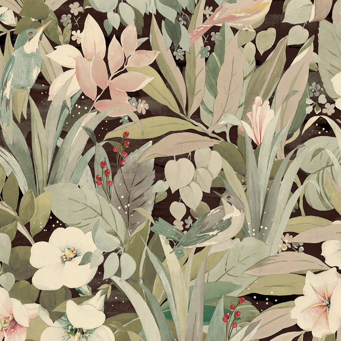 NextWall Peel &amp; Stick Blossoming Birds Sage &amp; Ash Brown Wallpaper image 1 of 5