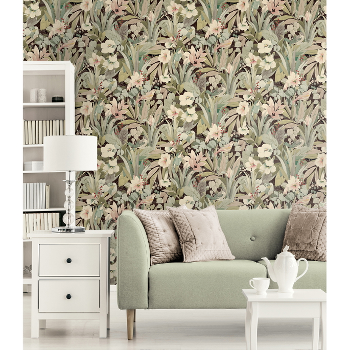 NextWall Peel &amp; Stick Blossoming Birds Sage &amp; Ash Brown Wallpaper image 2 of 5