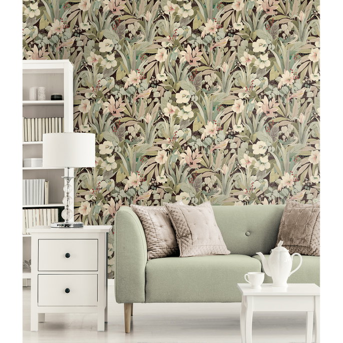 NextWall Peel &amp; Stick Blossoming Birds Sage &amp; Ash Brown Wallpaper image 2 of 5