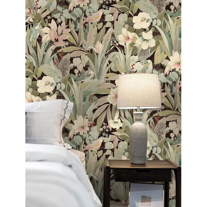 NextWall Peel &amp; Stick Blossoming Birds Sage &amp; Ash Brown Wallpaper image 3 of 5