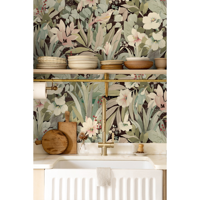NextWall Peel &amp; Stick Blossoming Birds Sage &amp; Ash Brown Wallpaper image 5 of 5