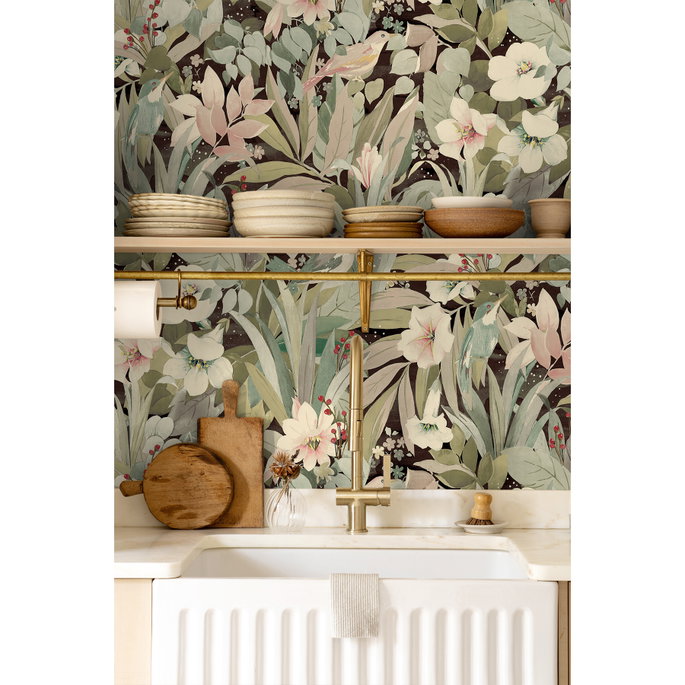 NextWall Peel &amp; Stick Blossoming Birds Sage &amp; Ash Brown Wallpaper image 5 of 5