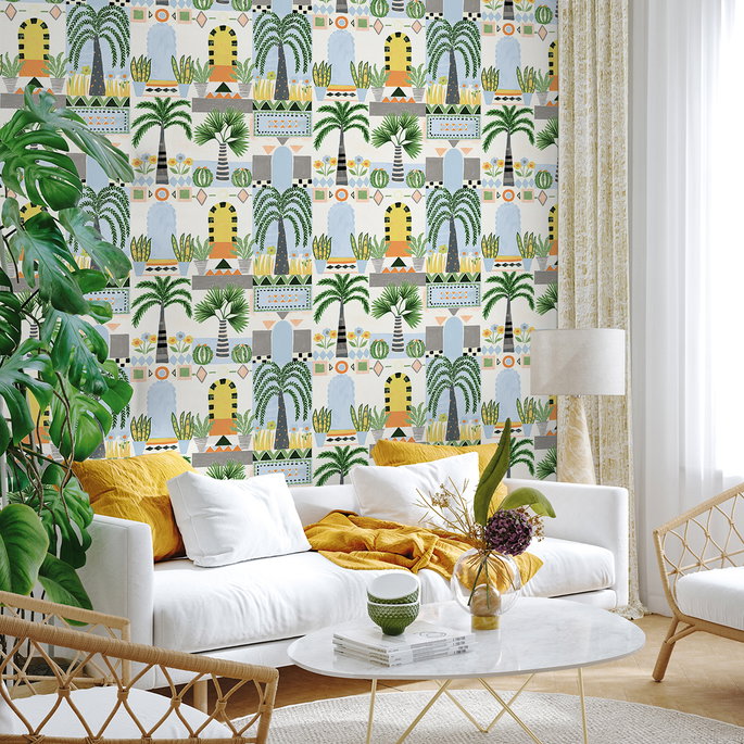 NextWall Peel &amp; Stick Tropical Facade Sky Blue &amp; Off-White Wallpaper image 2 of 5