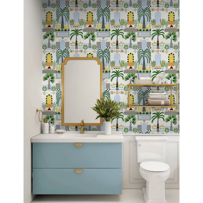 NextWall Peel &amp; Stick Tropical Facade Sky Blue &amp; Off-White Wallpaper image 3 of 5
