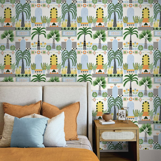 NextWall Peel &amp; Stick Tropical Facade Sky Blue &amp; Off-White Wallpaper image 4 of 5