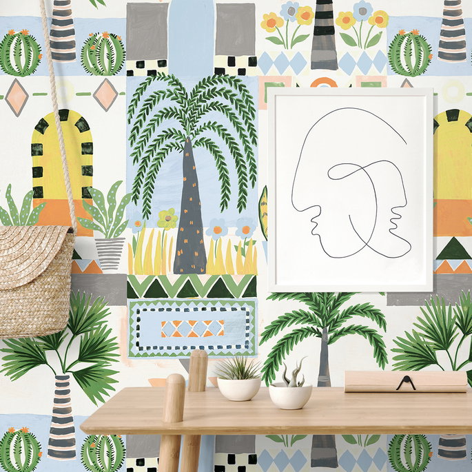 NextWall Peel &amp; Stick Tropical Facade Sky Blue &amp; Off-White Wallpaper image 5 of 5