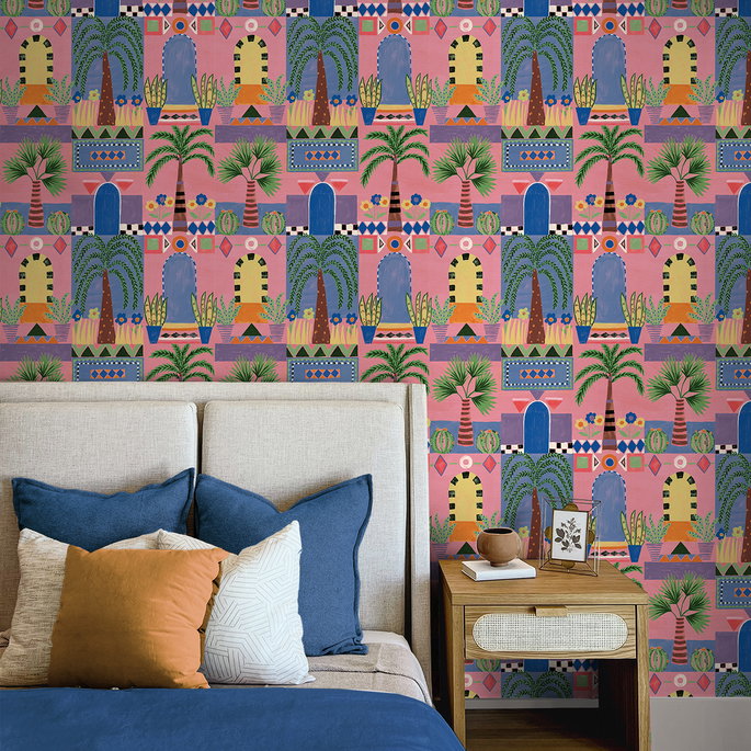 NextWall Peel &amp; Stick Tropical Facade Pink Wallpaper image 2 of 5