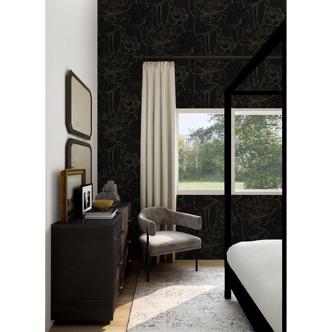 NextWall Peel &amp; Stick Lotus Garden Floral Wrought Iron &amp; Gold Wallpaper image 2 of 6