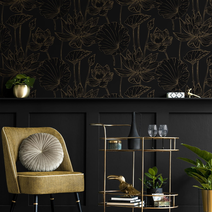 NextWall Peel &amp; Stick Lotus Garden Floral Wrought Iron &amp; Gold Wallpaper image 5 of 6