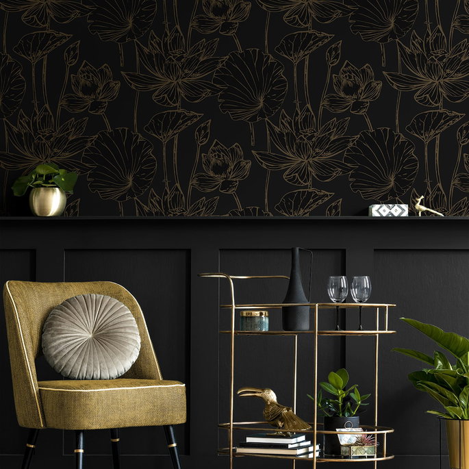 NextWall Peel &amp; Stick Lotus Garden Floral Wrought Iron &amp; Gold Wallpaper image 5 of 6