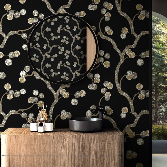 NextWall Peel &amp; Stick Woodland Whimsy Ebony &amp; Gold Wallpaper image 3 of 6