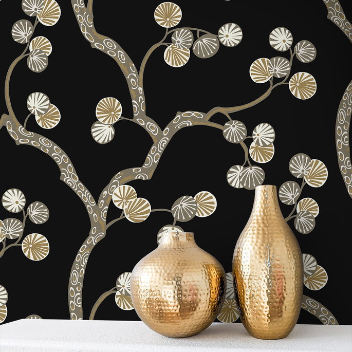 NextWall Peel &amp; Stick Woodland Whimsy Ebony &amp; Gold Wallpaper image 5 of 6