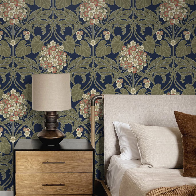 NextWall Peel &amp; Stick Hydrangea Floral Dark Blue &amp; Terra Cotta Wallpaper image 2 of 7