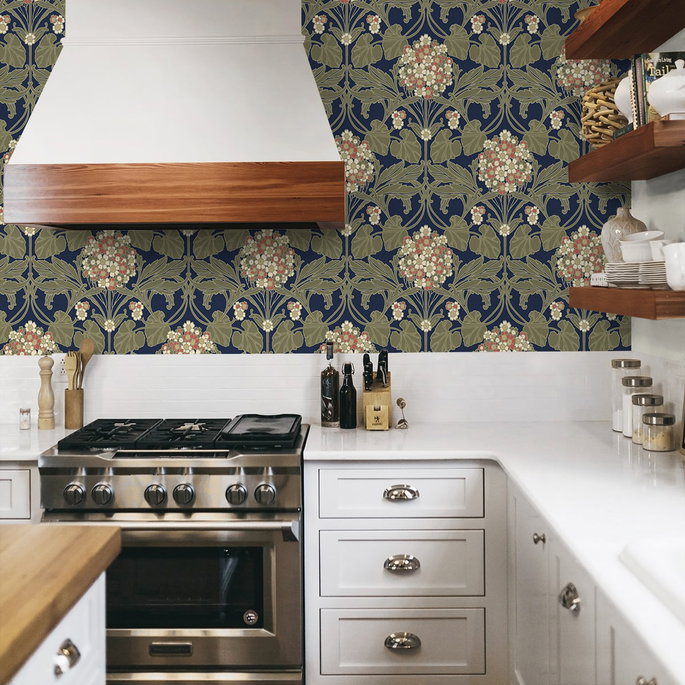NextWall Peel &amp; Stick Hydrangea Floral Dark Blue &amp; Terra Cotta Wallpaper image 3 of 7