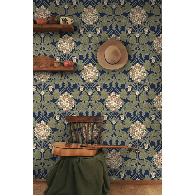 NextWall Peel &amp; Stick Hydrangea Floral Dark Blue &amp; Terra Cotta Wallpaper image 6 of 7