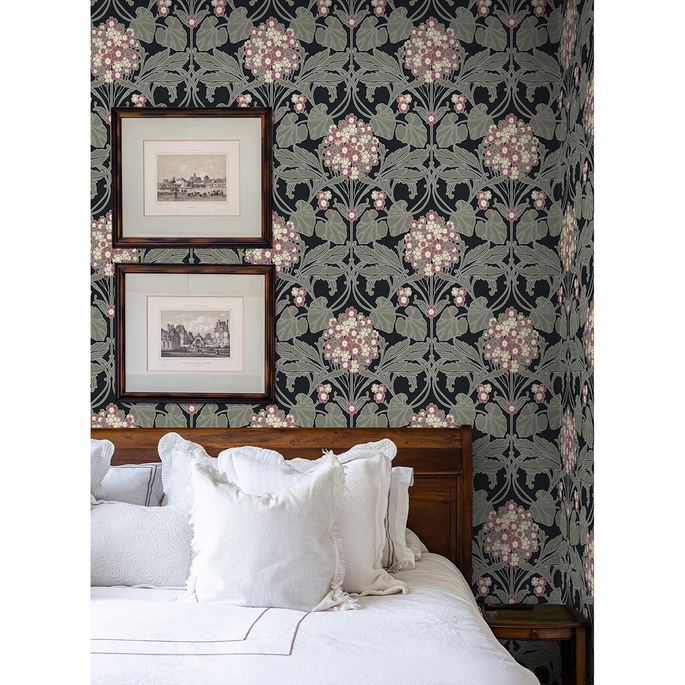 NextWall Peel &amp; Stick Hydrangea Floral Black &amp; Rosewood Wallpaper image 2 of 7
