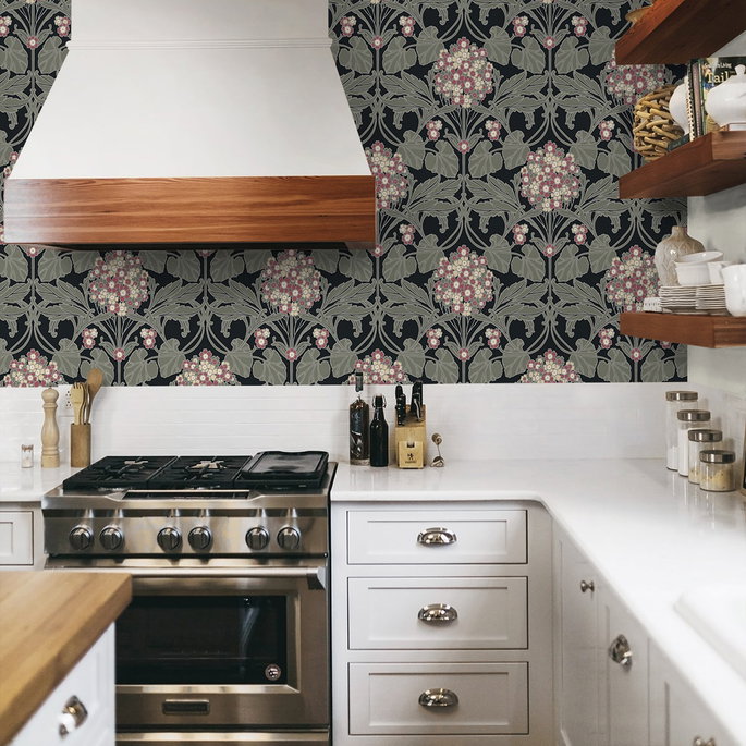 NextWall Peel &amp; Stick Hydrangea Floral Black &amp; Rosewood Wallpaper image 3 of 7