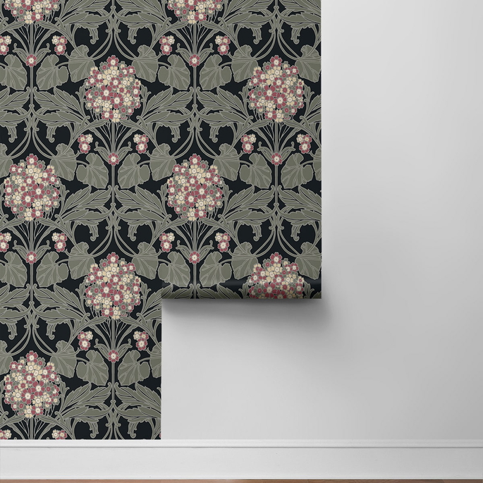 NextWall Peel &amp; Stick Hydrangea Floral Black &amp; Rosewood Wallpaper image 7 of 7