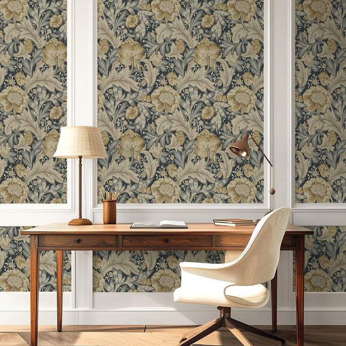 NextWall Peel &amp; Stick Acanthus Garden Floral Midnight Blue &amp; Neutral Wallpaper image 2 of 6