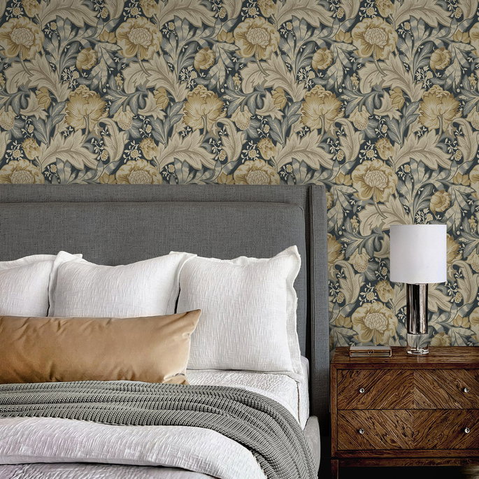 NextWall Peel &amp; Stick Acanthus Garden Floral Midnight Blue &amp; Neutral Wallpaper image 3 of 6