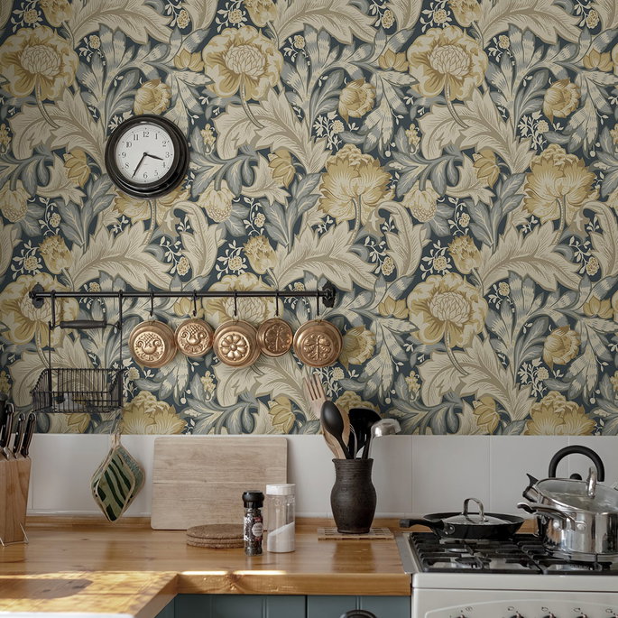 NextWall Peel &amp; Stick Acanthus Garden Floral Midnight Blue &amp; Neutral Wallpaper image 4 of 6