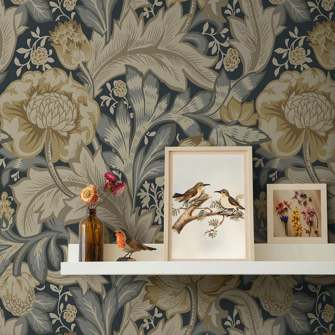 NextWall Peel &amp; Stick Acanthus Garden Floral Midnight Blue &amp; Neutral Wallpaper image 5 of 6