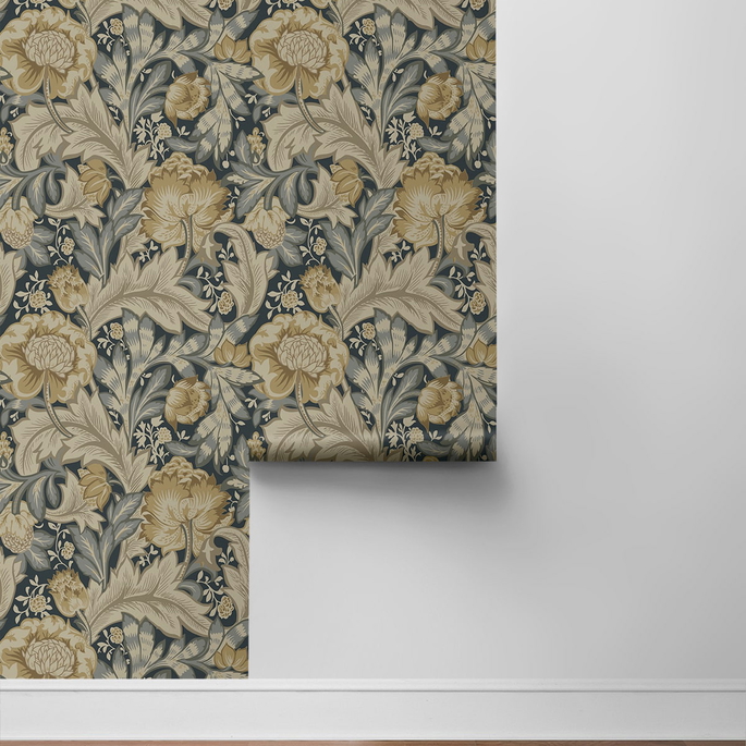 NextWall Peel &amp; Stick Acanthus Garden Floral Midnight Blue &amp; Neutral Wallpaper image 6 of 6