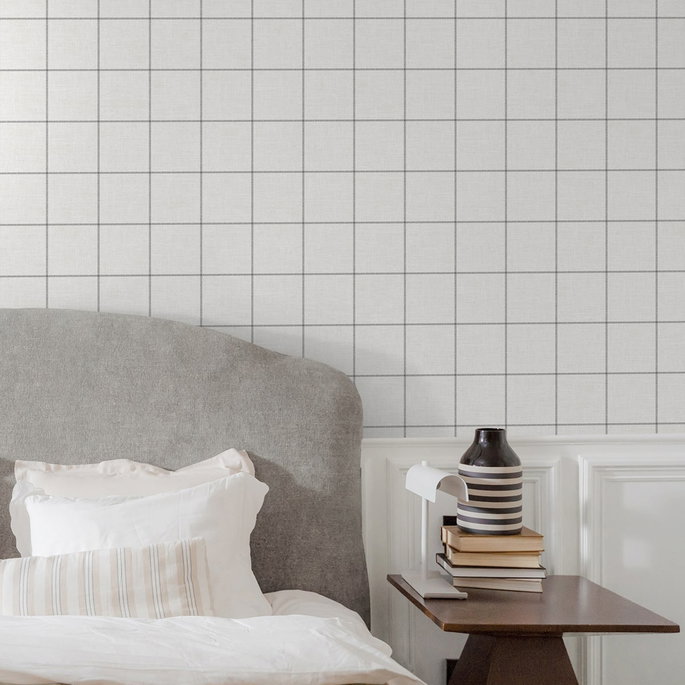 NextWall Peel &amp; Stick Classic Striped Check Charcoal &amp; Linen Wallpaper image 5 of 8