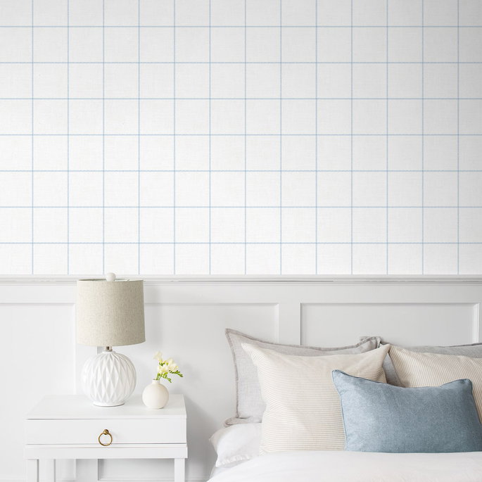 NextWall Peel &amp; Stick Classic Striped Check Sky Blue &amp; Linen Wallpaper image 4 of 6