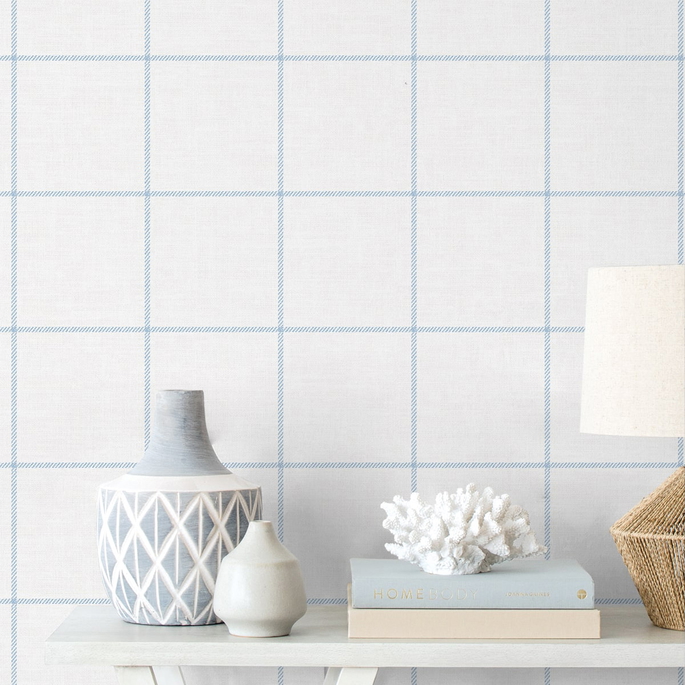 NextWall Peel &amp; Stick Classic Striped Check Sky Blue &amp; Linen Wallpaper image 5 of 6